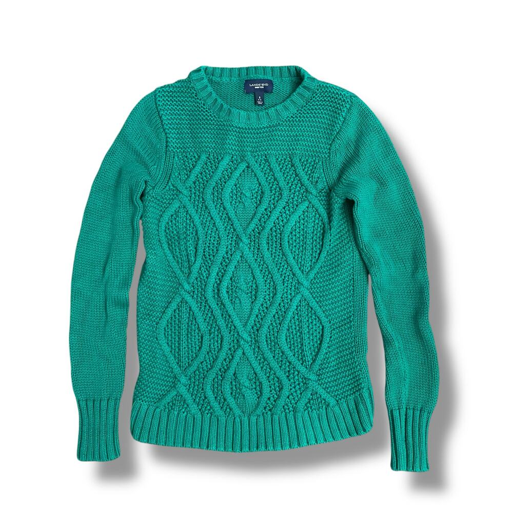 Lands’ End Drifter Green Cable Knit Cotton Sweater‎ Women’s Small S 6-8